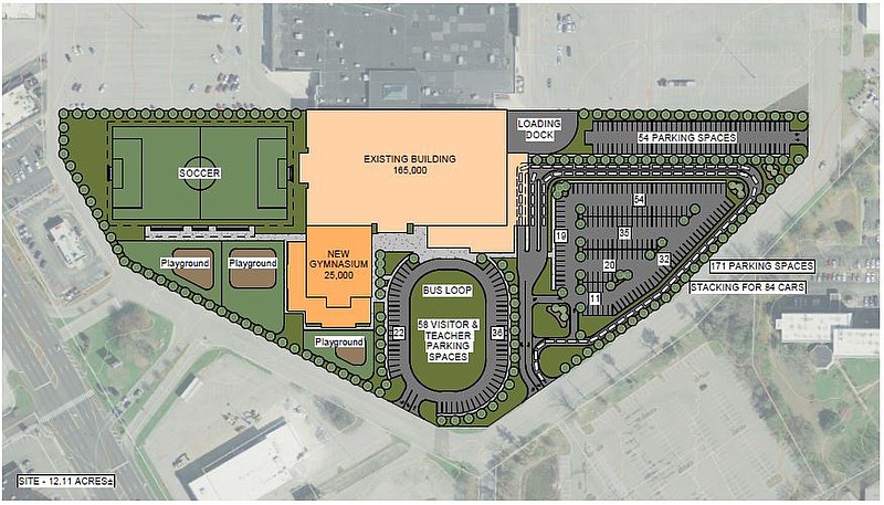 Renderings of a new location for Chattanooga School for the Liberal Arts dated March 2, 2020 depict a new school building, gymnasium, soccer field, playgrounds and parking lots on the former Sears site at Northgate Mall in Hixson. The renderings were presented to the Hamilton County school board during its Thursday, April 23 meeting. / Photo from Hamilton County Schools