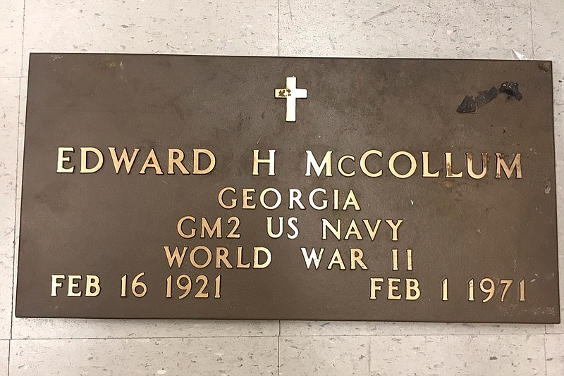 The marker that appears to be from the grave of Edward H. McCollum, a US Navy veteran with the rank of gunner's mate 2nd class / Photo contributed by Dalton Police Department
