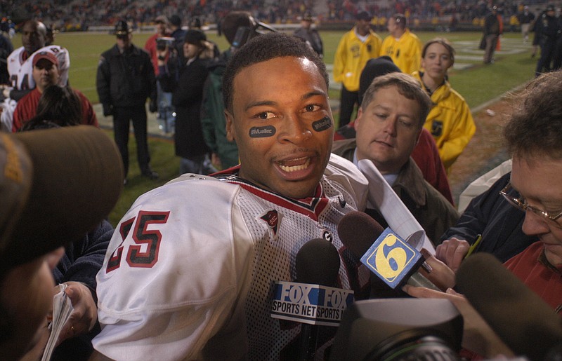 University of Georgia photo / Michael Johnson was a popular interview subject after his 19-yard touchdown on a pass thrown by David Greene on fourth-and-15 that catapulted Georgia to a 24-21 win at Auburn and a berth in the 2002 SEC championship game.