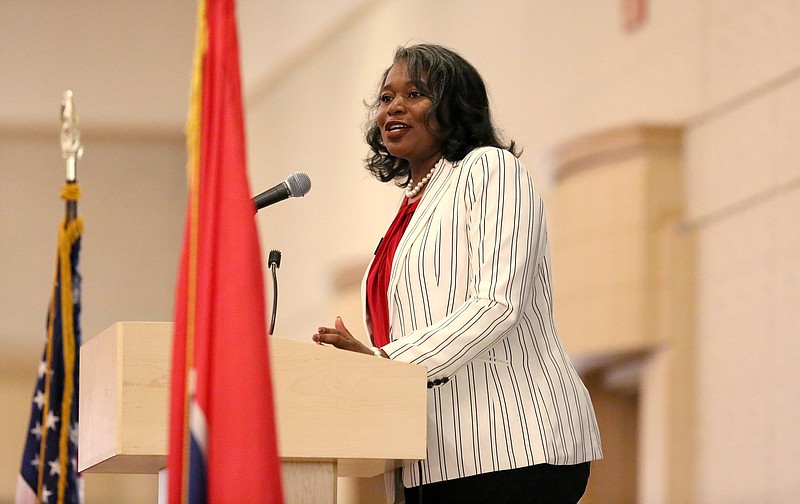 Nakia Edwards, chief of staff at the Hamilton County Board of Education, introduces Tennessee Commissioner of Education Dr. Penny Schwinn during the 38th Annual Superintendentճ Honors Banquet at the Chattanooga Convention Center Monday, April 29, 2019 in Chattanooga, Tennessee. 