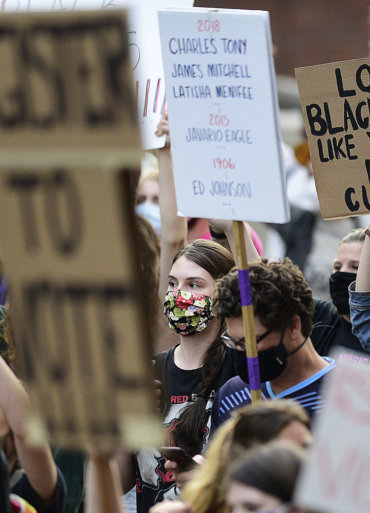 Staff Photo by Robin Rudd / The march heads south on Market Street. Protesters gathered at Miller Park and marched south past some of Chattanooga's tourism icons in reaction to the killing of George Floyd and other police brutalities on June 17, 2020.