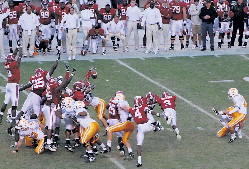 Alabama photo by John Michael Simpson / Terrence Cody (62) blocks Daniel Lincoln's 44-yard field-goal attempt as time expires to preserve Alabama's 12-10 victory over Tennessee in 2009 inside Bryant-Denny Stadium.