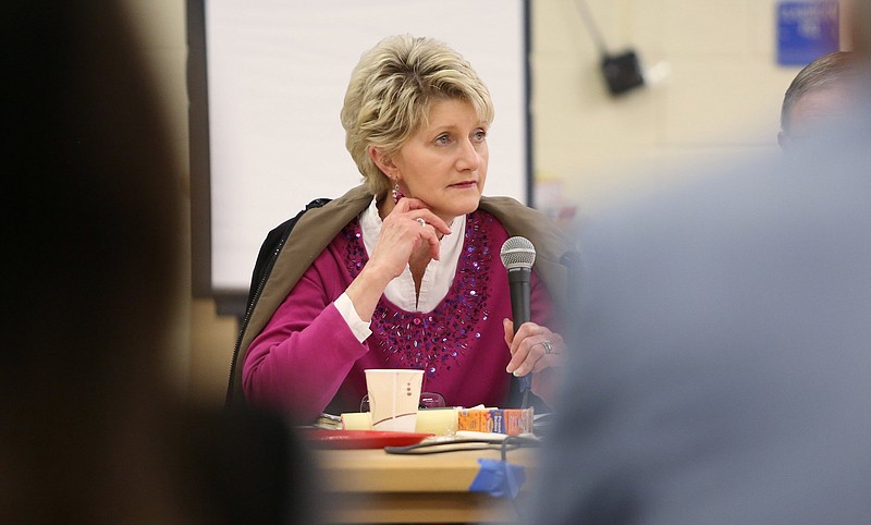 Staff photo by Erin O. Smith / Hamilton County school board member Rhonda Thurman during a Hamilton County school board and Hamilton County Commission joint meeting Monday, December 9, 2019 at Red Bank Middle School in Red Bank, Tennessee.