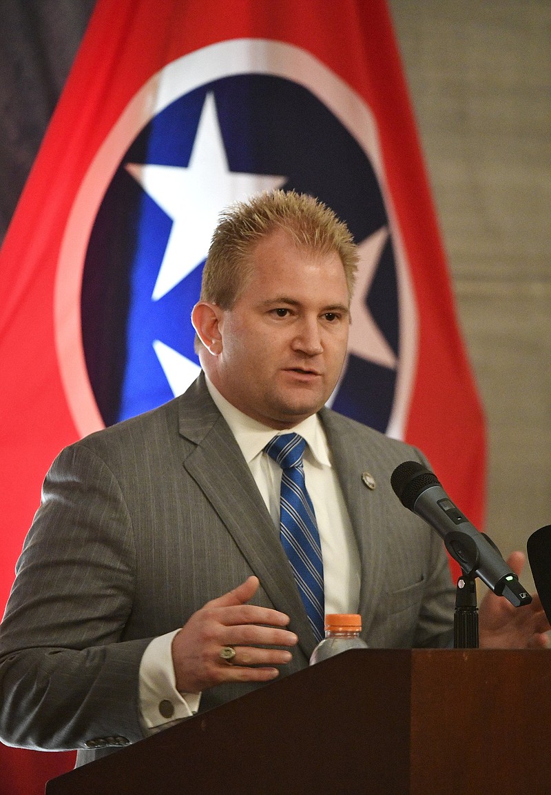 House Majority Leader William Lamberth speaks during a 2019 House Republican Caucus meeting. (Larry McCormack/The Tennessean via AP)