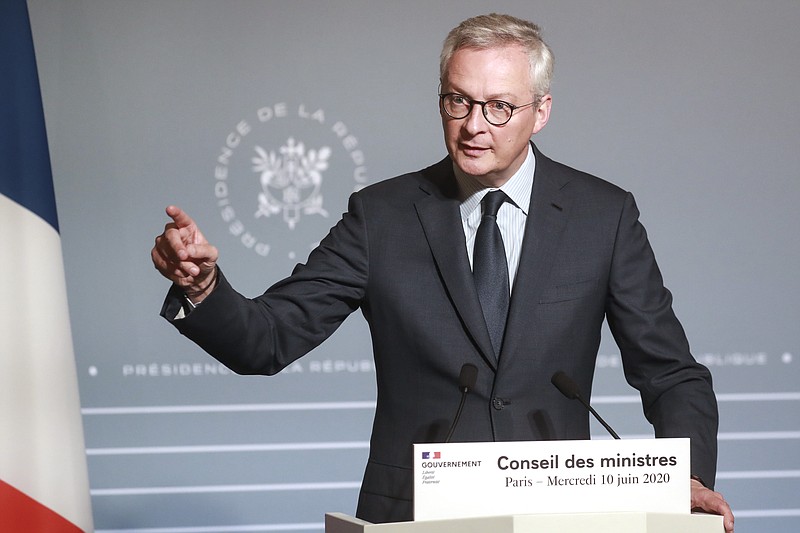 FILE - In this Wednesday, June 10, 2020 file photo, French Finance Minister Bruno Le Maire attends a press conference after the weekly cabinet meeting. (Ludovic Marin, Pool via AP, File)


