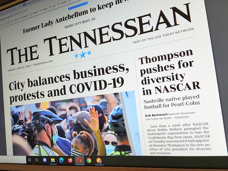 The Tennessean front page on June 22, 2020, as seen on a computer screen in Southeast Tennessee