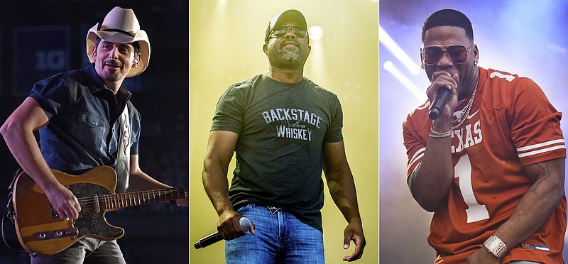 This combination photo shows, from left, Brad Paisley, Darius Rucker and rapper Nelly, who will participate in Live Nation's "Live from the Drive-In," concert series taking place July 10-12. (AP Photo)