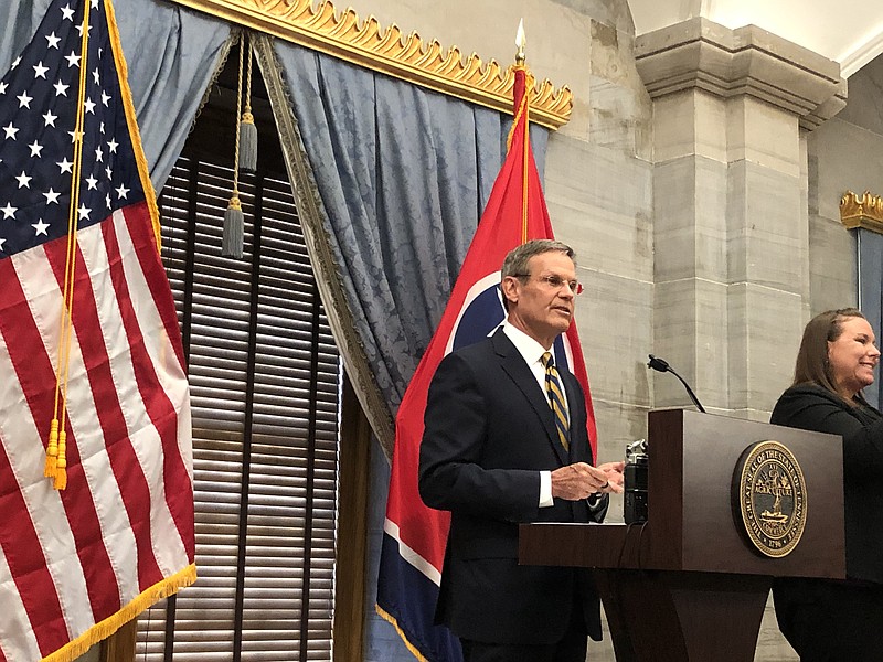 Gov. Lee speaks with reporters Tuesday about failure of COVID-19 lawsuit liability bill. (Andy Sher/Chattanooga Times Free Press)