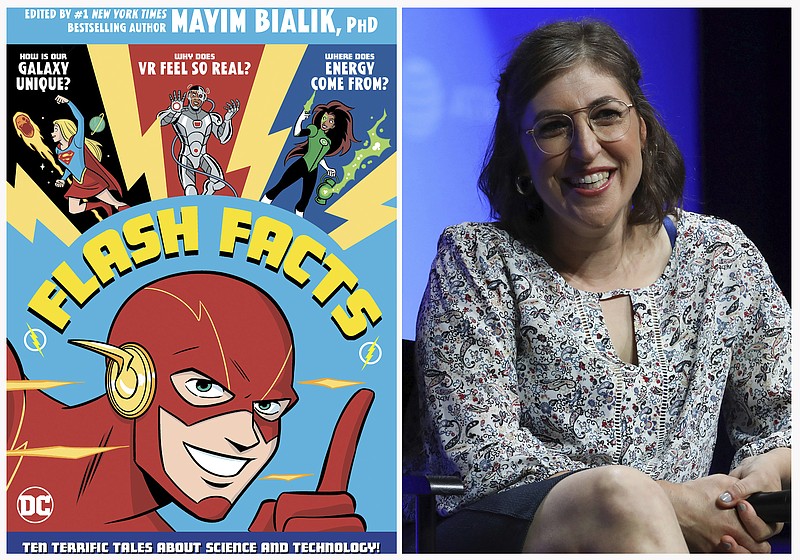 This combination photo shows a cover image released by DC Comics of "Flash Facts" by Mayim Bialik, left, and Mayim Bialik as she speaks at AT&T's SHAPE: "The Scully Effect is Real" panel on June 22, 2019, in Burbank, Calif. "Big Bang Theory" actress Bialik is teaming with DC Entertainment on a project that joins superhero power to the power of science. (Derek Charm/DC Comics via AP, left, and AP Photo)