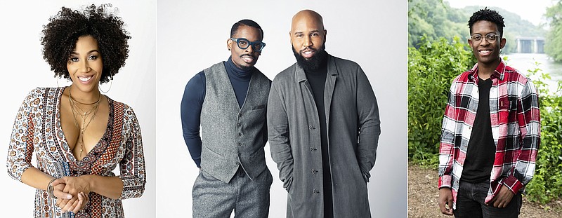 This combination of photos shows country singer Rissi Palmer, from left, Chuck Harmony, left, and Claude Kelly of Louis York and country rapper Breland. Black artists say the country music industry still needs to do the hard work of addressing the systematic racial barriers that have been entrenched in country music for decades. The genre has historically been marketed to white audiences and reinforced white male artist stereotypes. (Chris Charles via AP, left, Jeremy Ryan via AP, center and Paul R. Giunta/Invision/AP)