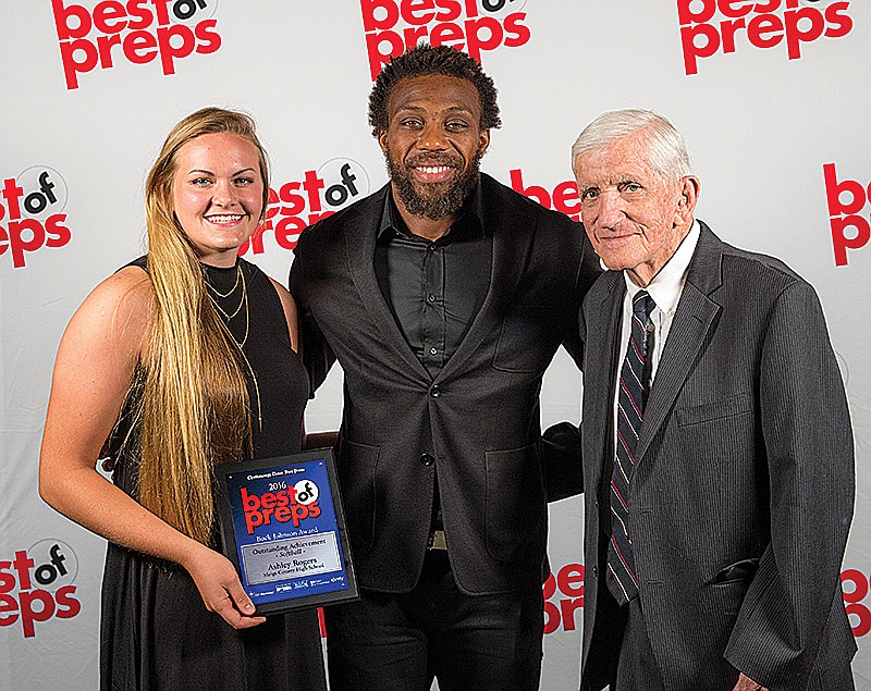 Staff photo by Mark Gilliland / Meigs County softball star Ashley Rogers poses with NFL safety and guest speaker Eric Berry, center, and former Chattanooga Times sports editor Buck Johnson at the 2016 Times Free Press Best of Preps award banquet. Rogers won the annual award named in honor of Johnson as the Chattanooga area's top high school softball player.