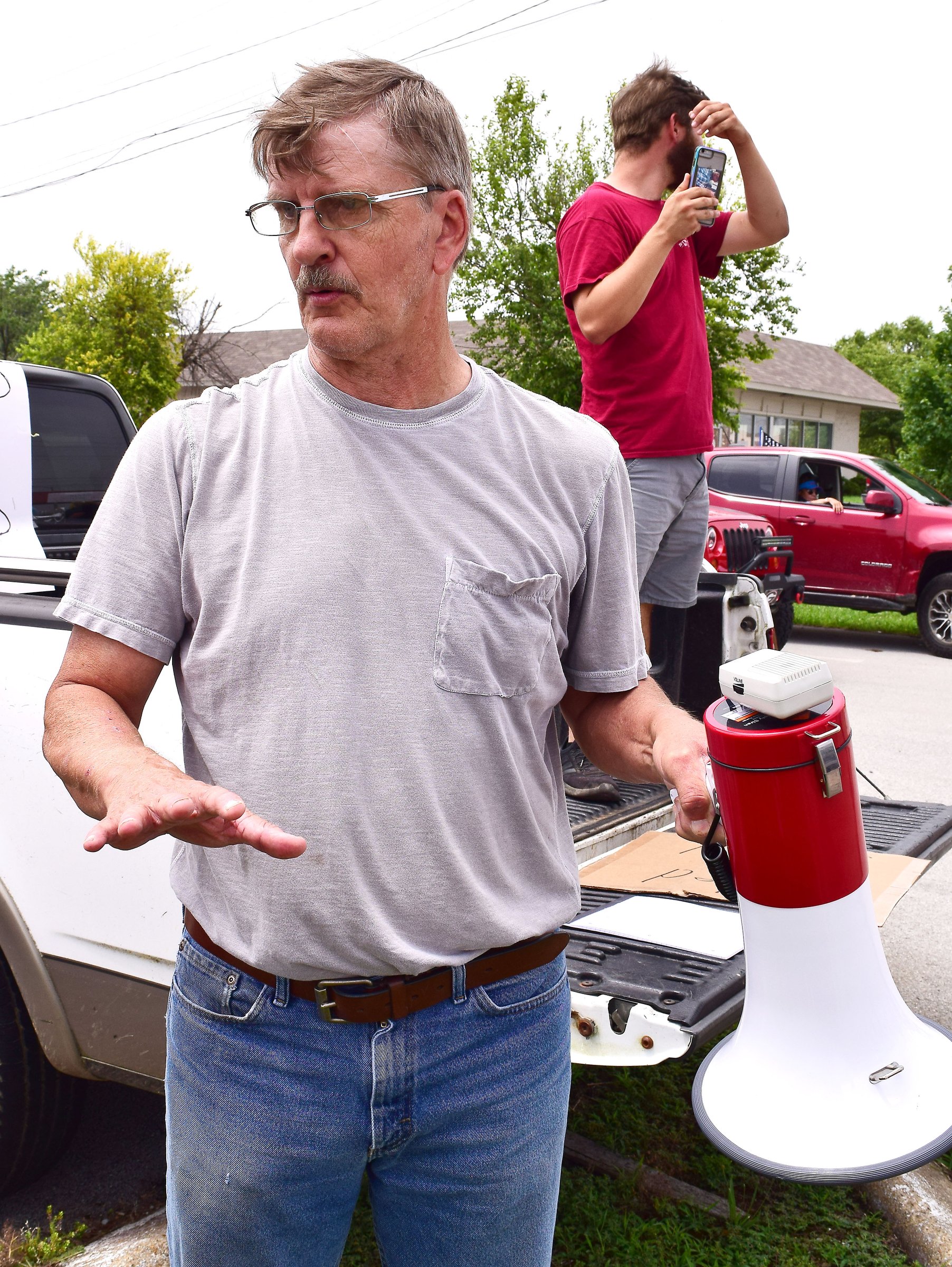 Staff Photo by Robin Rudd / Donnie Case helped organize the event. People gathered, June 27, 2020, along Amnicola Highway, in front of the Chattanooga Police Services Building, to rally in support of area police.