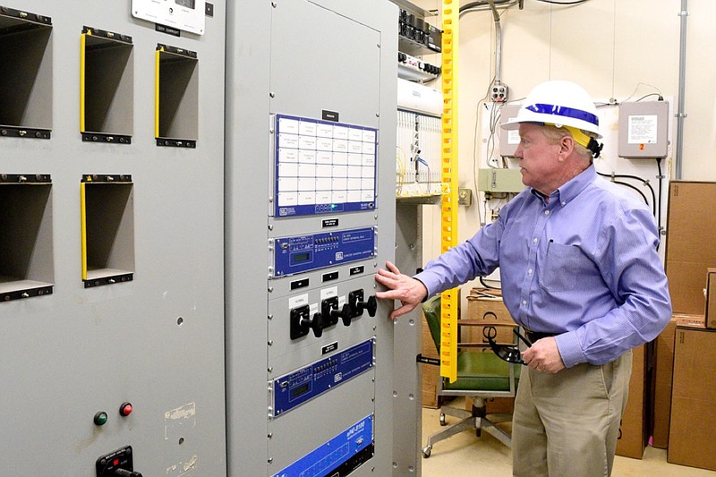 Staff Photo by Robin Rudd /  VEC Chairman/CEO Rody Blevins explains the electric and broadband functions at the cooperative's Spring Creek Substation in McMinn County on June 2, 2020.  Volunteer Energy Cooperative is considering obtain it's power from another source rather the Tennessee Valley Authority.   