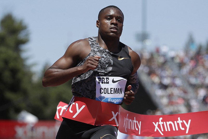 AP photo by Jeff Chiu / U.S. sprinter Christian Coleman wins the 100-meter dash at the Prefontaine Classic IAAF Diamond League meet on June 30, 2019, in Stanford, Calif.
