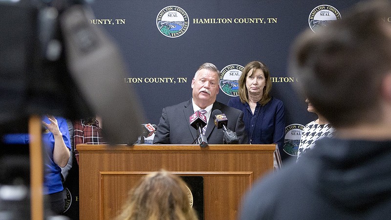 Staff photo by C.B. Schmelter / Mayor Jim Coppinger answers questions during a press conference announcing a confirmed case of COVID-19 in Hamilton County at the McDaniel Building on Friday, March 13, 2020 in Chattanooga, Tenn.