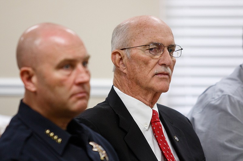 Staff photo by Doug Strickland / Hamilton County Sheriff Jim Hammond, right, and Chief Deputy Austin Garrett listen as Mayor Jim Coppinger presents his fiscal year 2020 budget on Tuesday, June 4, 2019, in Chattanooga, Tenn.