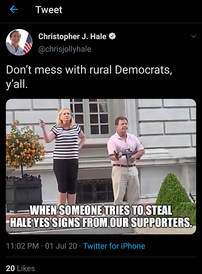 A screenshot of a now-deleted tweet from congressional candidate Christopher Hale 
