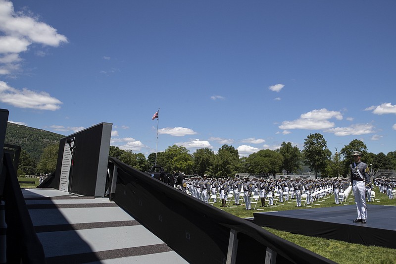 Photo by Alex Brandon of The Associated Press / A painted ramp with non-slip strips leading to the stage for President Donald Trump is seen at a commencement ceremony on the parade field, at the United States Military Academy in West Point, New York, on Saturday, June 13, 2020.