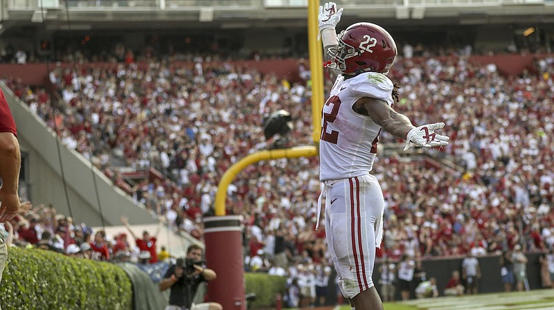 Alabama photo by Kent Gidley / Alabama running back Najee Harris celebrates last season's acrobatic 42-yard touchdown reception during the 47-23 win at South Carolina.