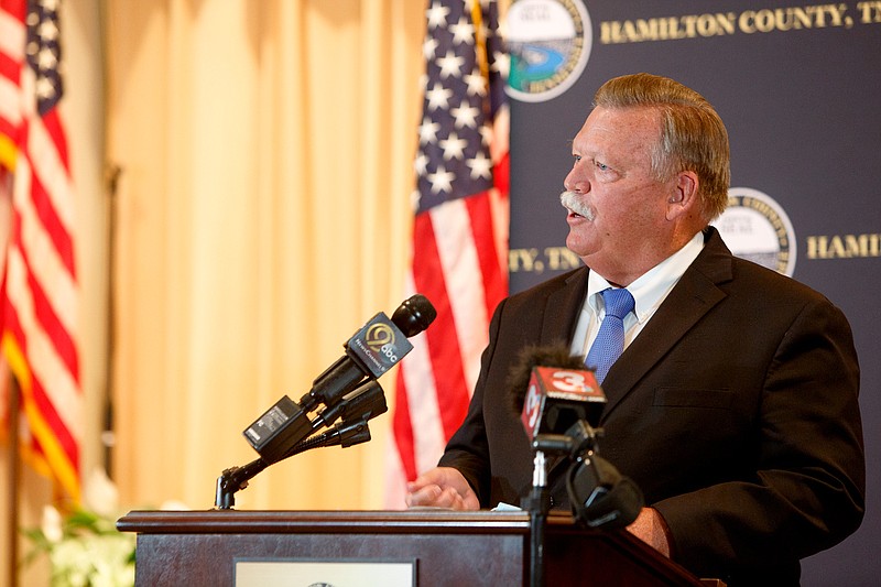 Staff photo by C.B. Schmelter / Mayor Jim Coppinger speaks during a press conference at the Hamilton County Health Department's Golley Auditorium on Monday, July 6, 2020 in Chattanooga, Tenn.