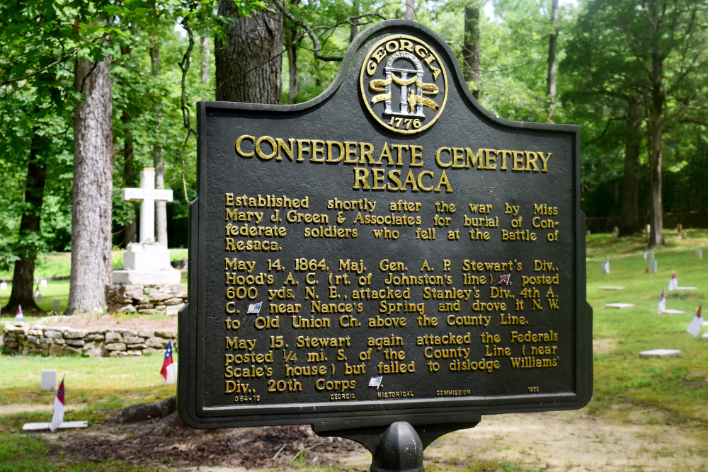 Staff Photo by Robin Rudd /A Georgia State Historical Marker gives the location's history in the 1864 Battle of Resaca. Resaca Confederate Cemetery is the burial place of over 450 Confederate soldiers who died during the Battle of Resaca which took place May 14 and 15, 1864. Some of the soldiers were identified but 424 graves are marked