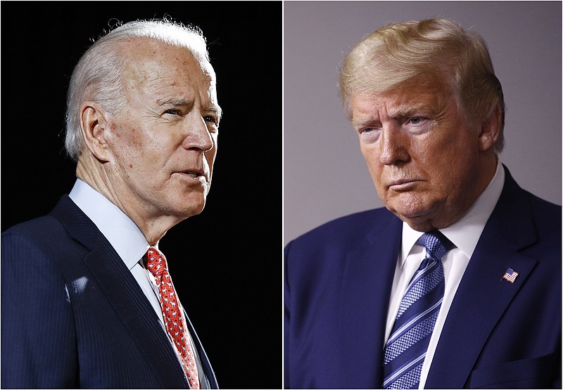 AP file photo / In this combination of file photos, former Vice President Joe Biden (left) speaks in Wilmington, Delaware, on March 12, 2020, and President Donald Trump (right) speaks at the White House in Washington on April 5, 2020.