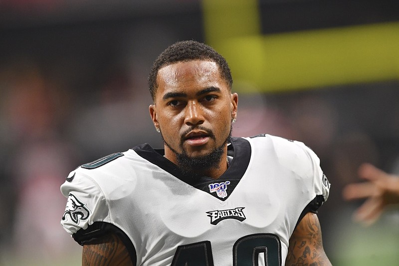 FILE - In this Sept. 15, 2019, file photo, Philadelphia Eagles wide receiver DeSean Jackson (10) warms up before an NFL football game against the Atlanta Falcons, in Atlanta. Jackson has apologized after backlash for sharing anti-Semitic posts on social media over the weekend. "My post was definitely not intended for anybody of any race to feel any type of way, especially the Jewish community," Jackson said in a video he posted on Instagram on Tuesday, July 7, 2020. (AP Photo/John Amis, File)