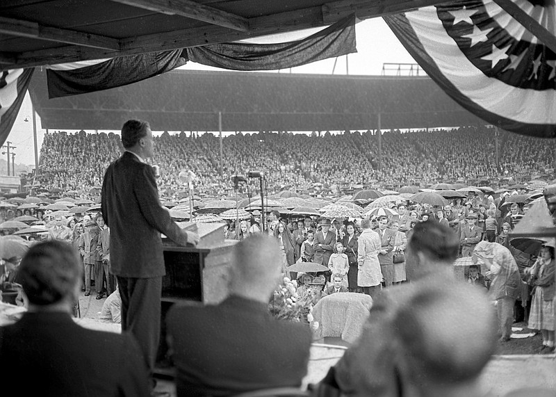 The Rev. Billy Graham speaks to an overflow crowd at Engel Stadium here in 1950. Three yeas later he would return for a 26-day crusade that drew a reported 10,000 people each evening. Photo from ChattanoogaHistory.com, by Delmont Wilson.