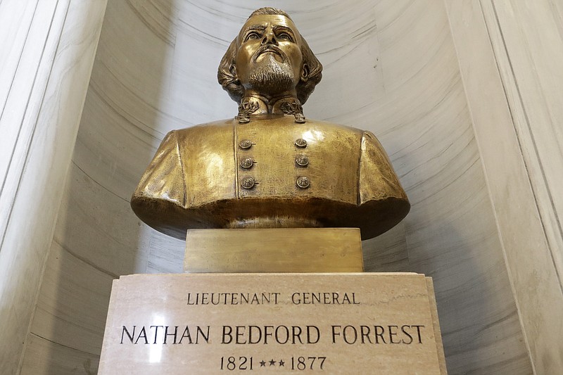 The bust of Nathan Bedford Forrest is displayed in the state capitol Wednesday, July 1, 2020, in Nashville, Tenn. Gov. Bill Lee announced Wednesday that a state panel that has the authority to help remove the bust of the former Confederate general and early leader of the Ku Klux Klan will take up the issue next week. (AP Photo/Mark Humphrey)
