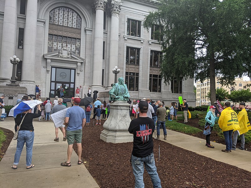 Staff photo by Sarah Grace Taylor / Protesters gather at the Hamilton County Courthouse on Sunday, July 12, 2020, to protest a recent face mask mandate.