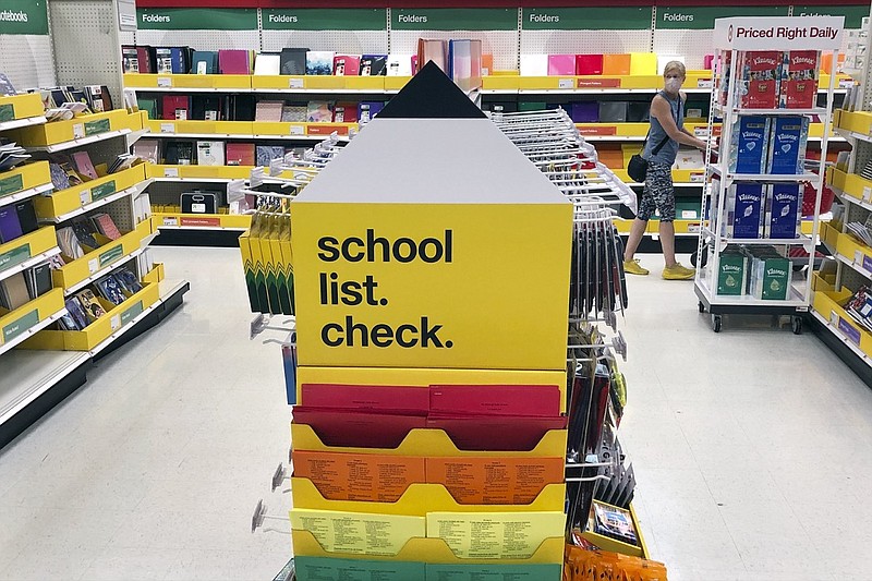 Back-to-school supplies await shoppers at a store on Monday, July 13, 2020, in Marlborough, Mass. School districts across America are trying to decide how to resume classes in the fall amid the ongoing coronavirus pandemic. (AP Photo/Bill Sikes)