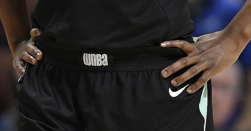 AP photo by Jessica Hill / A WNBA logo is seen on the waistband of the New York Liberty's Sugar Rodgers during a preseason game on May 8, 2018, in Uncasville, Conn.