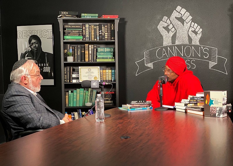 This image provided by Rabbi Abraham Cooper shows Cooper, left, and Nick Cannon during a conversation on Thursday, July 16, 2020, in Burbank, Calif. (Rabbi Abraham Cooper via AP)