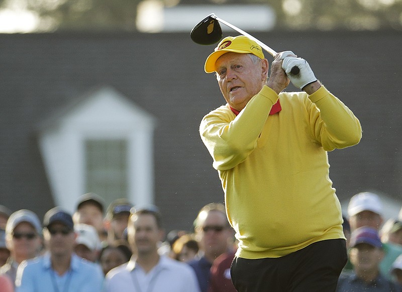 AP photo by Charlie Riedel / Jack Nicklaus hits a ceremonial tee shot on the first hole at Augusta National Golf Club before the opening round of the Masters on April 11, 2019.