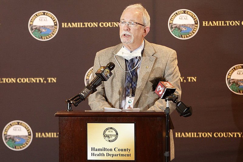 Staff photo by C.B. Schmelter / Hamilton County Health Officer Dr. Paul Hendricks speaks during a news conference at the Hamilton County Health Department's Golley Auditorium on Monday, July 6, 2020 in Chattanooga, Tenn. Mayor Jim Coppinger said that people in Hamilton County will be required to wear a mask or face covering in public starting after midnight on July 10. Citizens who refuse to cover their face could receive a Class C misdemeanor, with penalties ranging from a $50 fine up to 30 days in jail.