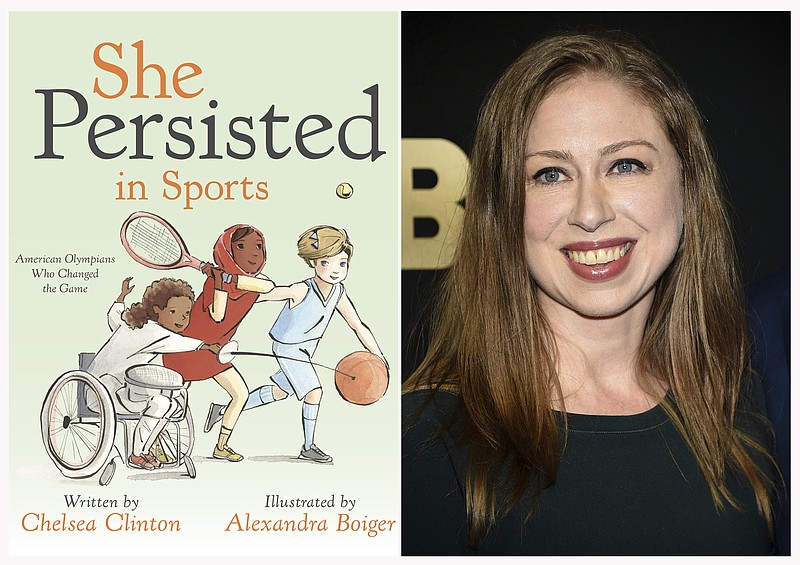 This combination photo shows a cover image released by Penguin Young Readers of "She Persisted in Sports" by Chelsea Clinton, left, and Chelsea Clinton at the Lincoln Center for the Performing Arts American Songbook Gala on May 29, 2018, in New York. (Penguin Young Readers via AP, AP Photo)