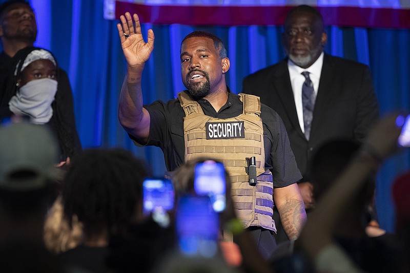 Kanye West makes his first presidential campaign appearance, Sunday, July 19, 2020 in North Charleston, S.C. Rapper Kanye West, in his first event since declaring himself a presidential candidate, delivered a lengthy monologue Sunday touching on topics from abortion and religion to international trade and licensing deals. Whether he's actually seeking the nation's highest office remains a question. (Lauren Petracca Ipetracca/The Post And Courier via AP)