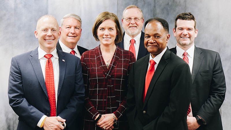 Photo contributed by Dalton Public Schools / The Dalton Public School Board of Education, shown left to right, front row: Board Chairman Matt Evans, Jody McClurg and Tulley Johnson. Back row: Superintendent Tim Scott, Vice Chairman Palmer Griffin and Sam Sanders