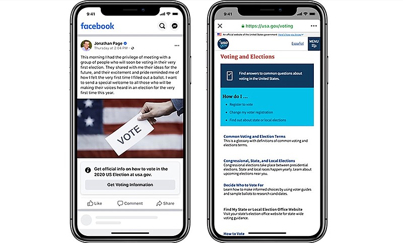 This image provided by Facebook shows an example of a post with information about voting. Facebook has started labeling all posts about voting by federal elected officials and candidates in the U.S. On Tuesday, July 21, 2020, the labels appeared on posts by President Donald Trump and by Joe Biden, the presumptive Democratic presidential nominee, among others. (Facebook via AP)