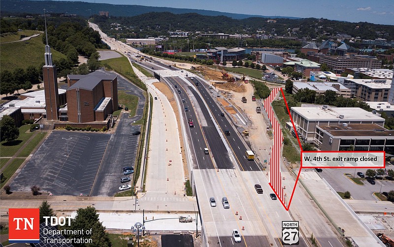 Image contributed by the Tennessee Department of Transportation / The off ramp at West Fourth Street on U.S. Highway 27 North will be closed starting Saturday and continuing till mid-September. Drivers headed downtown on Highway 27 North will have to take exits at Carter Street, Martin Luther King Jr. Boulevard or Manufacturers Road to reach points downtown.