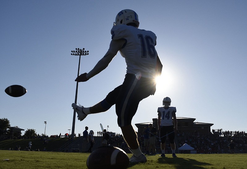 Staff photo by Robin Rudd / Ringgold kicker Gage Roach warms up before a game against rival Heritage on Aug. 30, 2019. GHSA football teams will begin official preseason preparation next week with the five-day acclimation period.