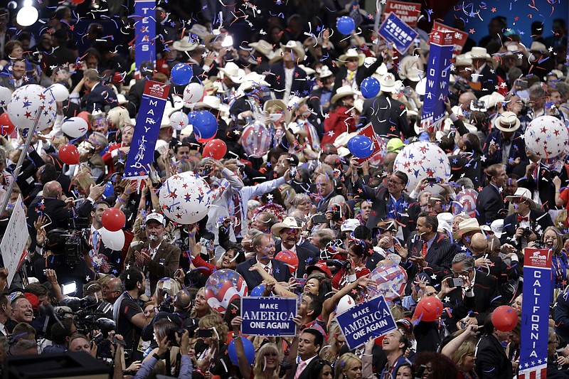 Associated Press File Photo / Delegates celebrate as balloons fall after the speech by Republican presidential candidate Donald Trump during the final day of the Republican National Convention in 2016.