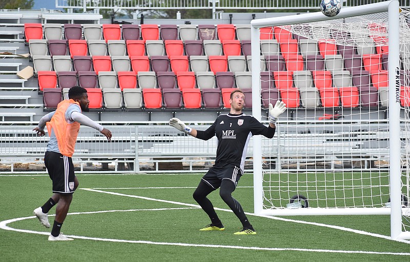 Staff photo by Patrick MacCoon / The Chattanooga Red Wolves' Ualefi dos Reis watches his shot hit off the crossbar during practice on July 7 in East Ridge.