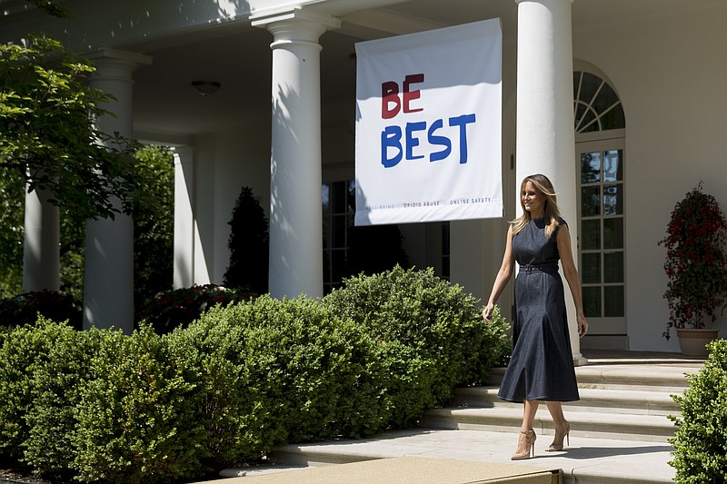 In this May 7, 2019 file photo, first lady Melania Trump arrives for a one year anniversary event for her Be Best initiative in the Rose Garden of the White House in Washington. Melania Trump has announced plans to renovate the White House Rose Garden. It's the outdoor space steps away from the Oval Office. (AP Photo/Andrew Harnik)