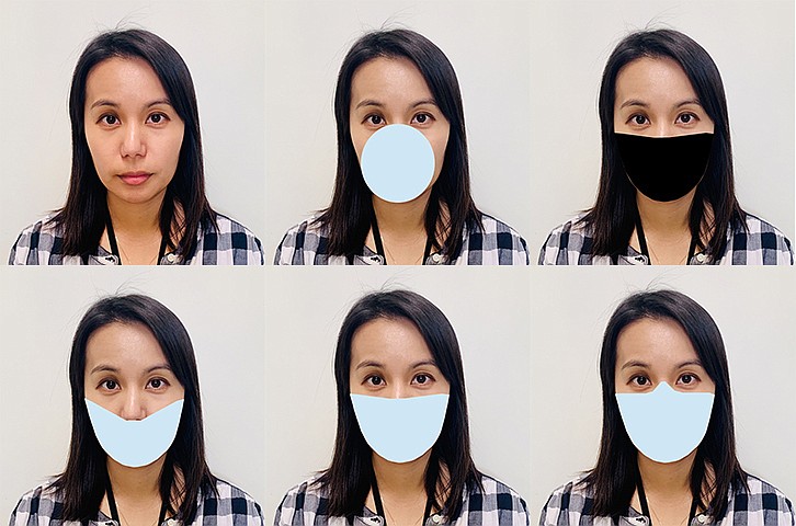 This photo provided by the National Institute of Standards and Technology (NIST) shows digitally applied mask shapes to photos and tested the performance of face recognition algorithms developed before COVID appeared. Because real-world masks differ, the team came up with variants that included differences in shape, color, and nose coverage. A preliminary study published by a U.S. agency on Monday, July 27, 2020, found that even the best commercial facial recognition systems have error rates as high as 50% when trying to identify masked faces. (B. Hayes/National Institute of Standards and Technology via AP)