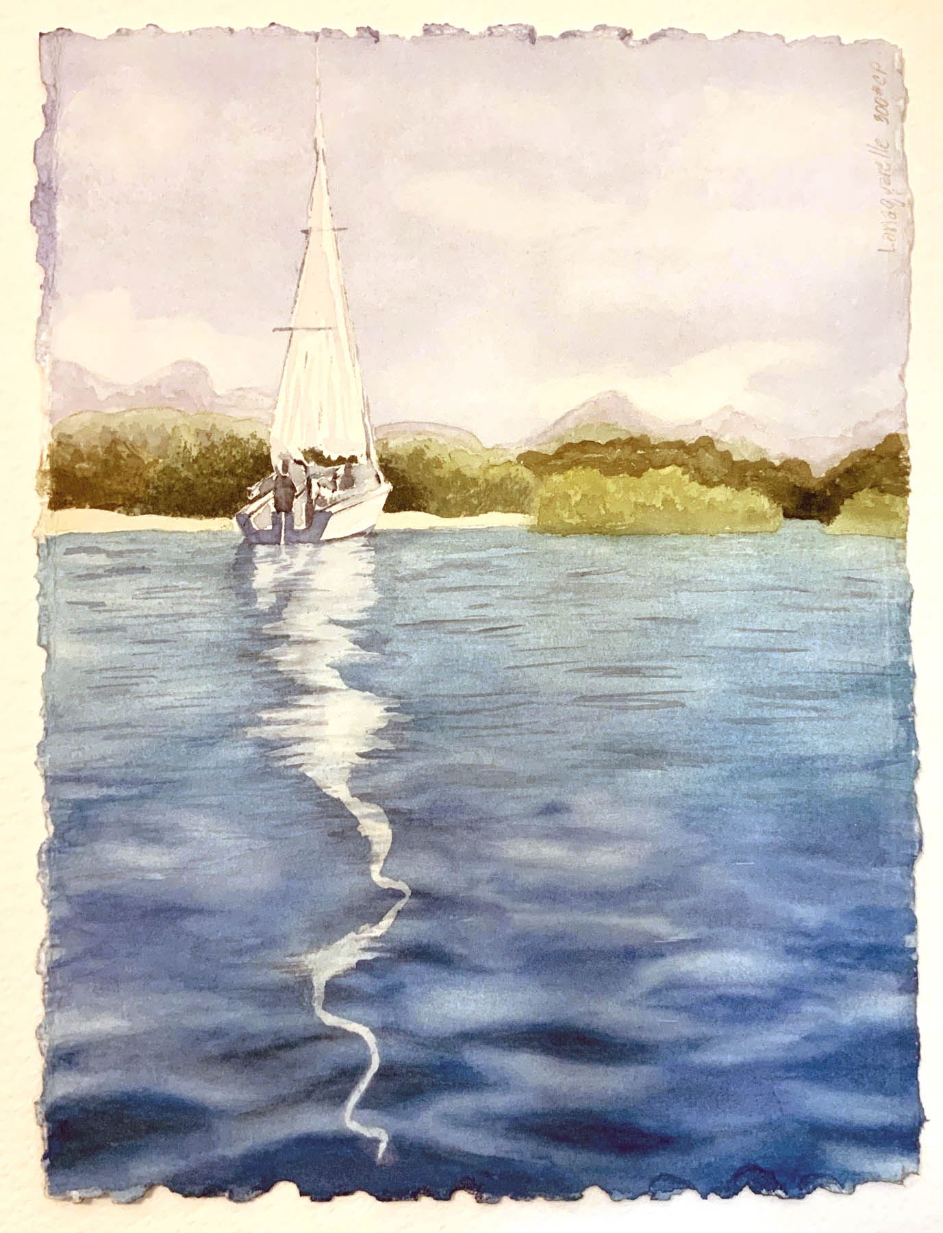 Photo from the artist / "Following Seas" is a scene by Liz Darling, "floated" to show the deckled edges of the paper.