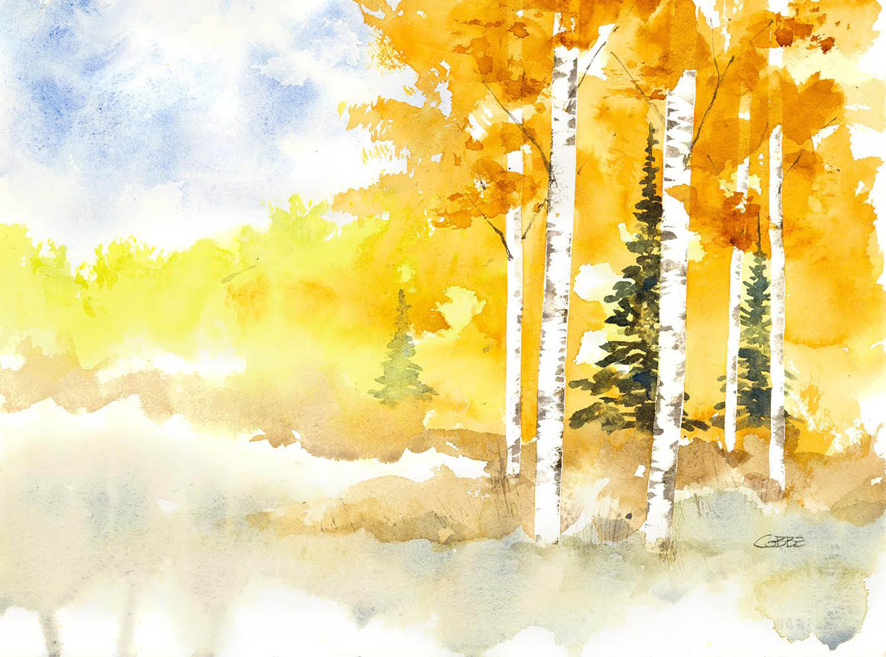 Photo from the artist / "Mountain Autumn" is a simplified scene in glowing colors by Mark Cobbe.