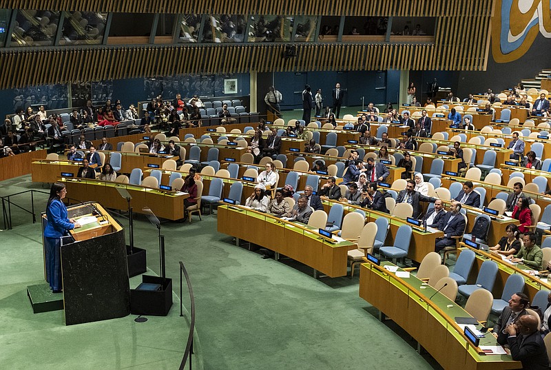 FILE - In this Sept. 27, 2019, file photo, Vice President of Venezuela Delcy Rodriguez addresses the 74th session of the United Nations General Assembly at the U.N. headquarters. The annual meeting of world leaders at the United Nations is going virtual this year for the first time in its 75-year history because of the COVID-19 pandemic — except for the likely personal appearance by U.S. President Donald Trump. (AP Photo/Craig Ruttle, File)


