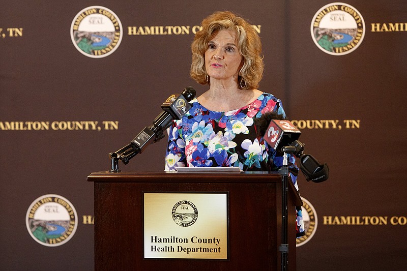 Staff photo by C.B. Schmelter / Hamilton County Health Department Administrator of Health Services Becky Barnes speaks during a press conference at the Hamilton County Health Department's Golley Auditorium on Monday, July 6, 2020 in Chattanooga, Tenn. Mayor Coppinger said that people in Hamilton County will be required to wear a mask or face covering in public starting after midnight on July 10. Citizens who refuse to cover their face could receive a Class C misdemeanor, with penalties ranging from a $50 fine up to 30 days in jail.