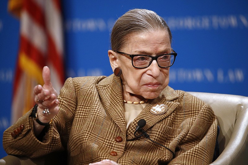 FILE - In this Feb. 10, 2020, file photo U.S. Supreme Court Associate Justice Ruth Bader Ginsburg speaks during a discussion on the 100th anniversary of the ratification of the 19th Amendment at Georgetown University Law Center in Washington. (AP Photo/Patrick Semansky, File)


